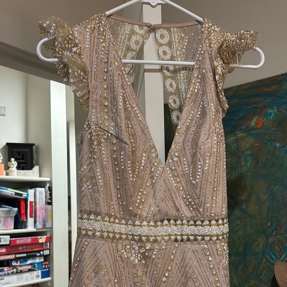Elegant Beige and Gold Sequin Dress
